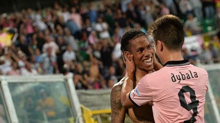PALERMO, ITALY - SEPTEMBER 13:  Abel Hernandez (L) of Palermo celebrates with Paulo Dybala after scoring his team's second goal during the Serie B match between US Citta di Palermo and AC Cesena at Stadio Renzo Barbera on September 13, 2013 in Palermo, Italy.  (Photo by Tullio M. Puglia/Getty Images)