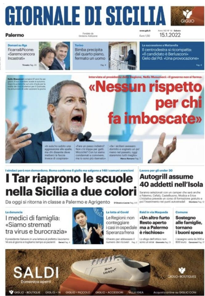 Prima Pagina, Giornale di Sicilia: “Scuole riaperte, Sicilia a due colori” prima pagina