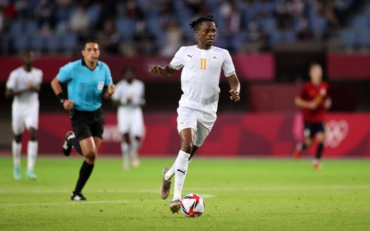 RIFU, MIYAGI, JAPAN - JULY 31: Christian Kouame #11 of Team Ivory Coast runs with the ball during the Men's Quarter Final match between Spain and Cote d'Ivoire on day eight of the Tokyo 2020 Olympic Games at Miyagi Stadium on July 31, 2021 in Rifu, Miyagi, Japan. (Photo by Koki Nagahama/Getty Images) RIFU, MIYAGI, JAPAN - JULY 31: Christian Kouame #11 of Team Ivory Coast runs with the ball during the Men's Quarter Final match between Spain and Cote d'Ivoire on day eight of the Tokyo 2020 Olympic Games at Miyagi Stadium on July 31, 2021 in Rifu, Miyagi, Japan. (Photo by Koki Nagahama/Getty Images)