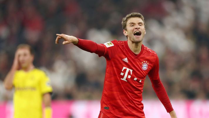 MUNICH, GERMANY - NOVEMBER 09: Thomas Muller of FC Bayern Munich reacts during the Bundesliga match between FC Bayern Muenchen and Borussia Dortmund at Allianz Arena on November 09, 2019 in Munich, Germany. (Photo by Alexander Hassenstein/Bongarts/Getty Images) 