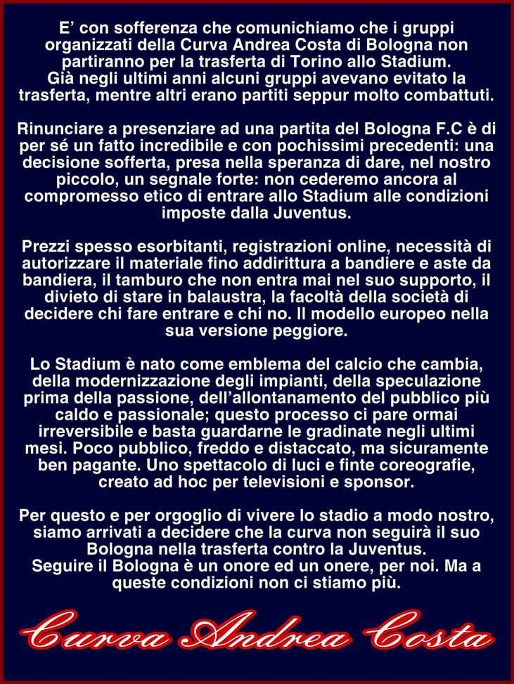 Juve-Bologna, la Curva Andrea Costa diserta lo Stadium: ecco perché- immagine 2