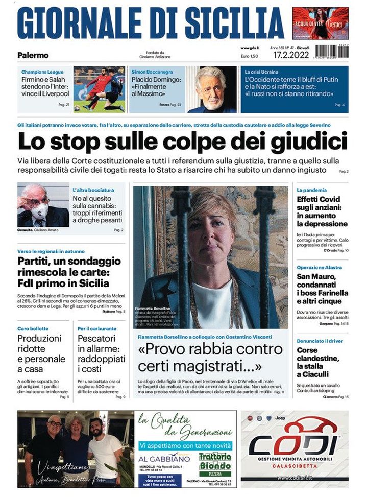 Prima Pagina, Giornale di Sicilia: “Lo stop sulle colpe dei giudici” - immagine 1