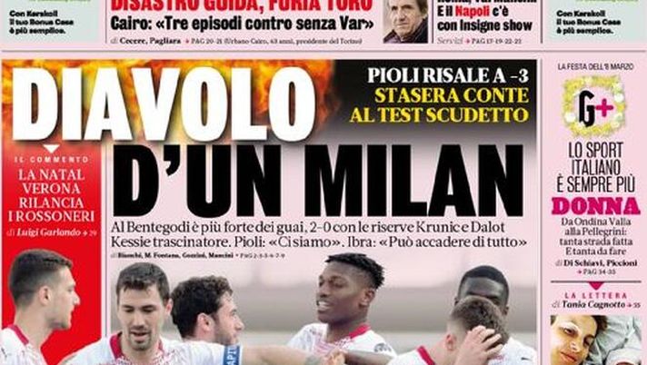 Prima Pagina, La Gazzetta dello Sport: “Diavolo d’un Milan, Pioli risale a -3. Inter, prova infernale” 