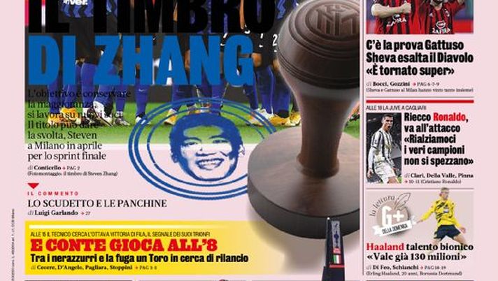 Prima Pagina, La Gazzetta dello Sport: “Il timbro di Zhang, Suning vuole tenersi l’Inter” Prima Pagina, La Gazzetta dello Sport: “Il timbro di Zhang, Suning vuole tenersi l’Inter”