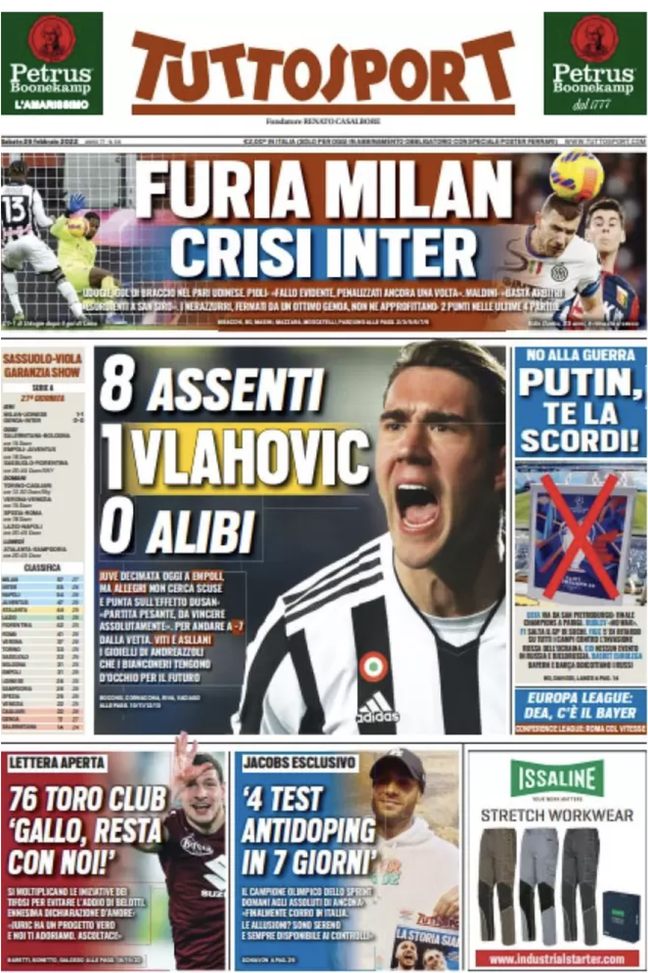 Prima Pagina, Tuttosport: “Furia Milan, crisi Inter. Juve 8 assenti, 1 Vlahovic”  prima pagina