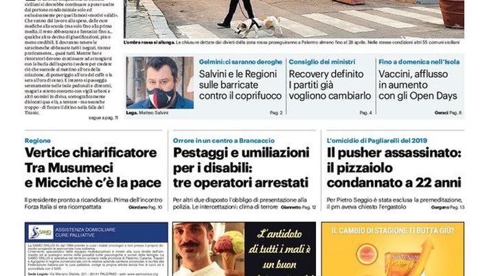 Prima Pagina, Giornale di Sicilia: “Palermo resta ferma al rosso, è alta la curva dei contagi&#8221; 