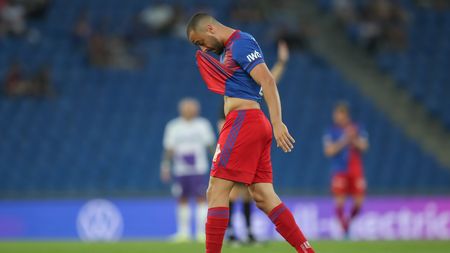 BASEL, SWITZERLAND - AUGUST 12: Arthur Mendonca Cabral of FC Basel reacts during the UEFA Conference League Third Qualifying Round Leg Two match between FC Basel and Ujpest at St. Jakob-Park on August 12, 2021 in Basel, Switzerland. (Photo by Christian Kaspar-Bartke/Getty Images)