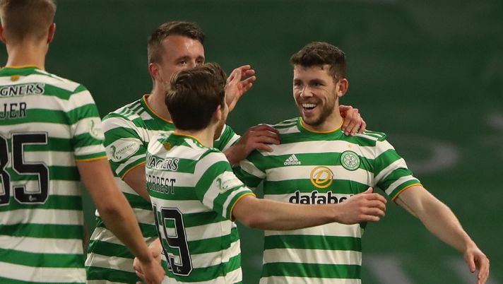 GLASGOW, SCOTLAND - APRIL 03: Ryan Christie of Celtic celebrates scoring his team's second goal during the William Hill Scottish Cup third round match between Celtic and Falkirk on April 03, 2021 in Glasgow, Scotland. Sporting stadiums around the UK remain under strict restrictions due to the Coronavirus Pandemic as Government social distancing laws prohibit fans inside venues resulting in games being played behind closed doors. (Photo by Ian MacNicol/Getty Images) GLASGOW, SCOTLAND - APRIL 03: Ryan Christie of Celtic celebrates scoring his team's second goal during the William Hill Scottish Cup third round match between Celtic and Falkirk on April 03, 2021 in Glasgow, Scotland. Sporting stadiums around the UK remain under strict restrictions due to the Coronavirus Pandemic as Government social distancing laws prohibit fans inside venues resulting in games being played behind closed doors. (Photo by Ian MacNicol/Getty Images)