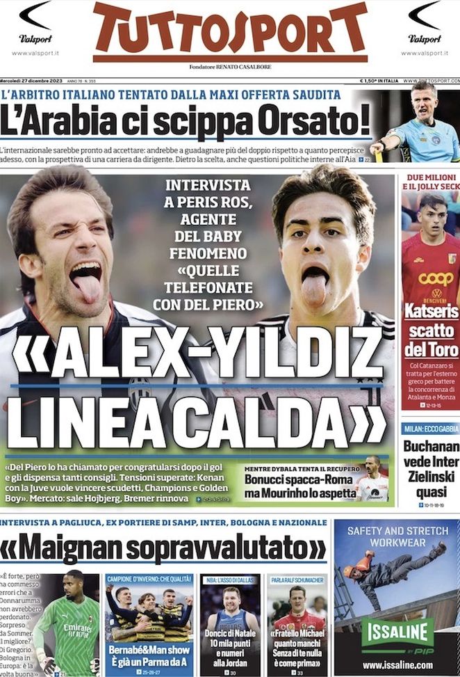 Tuttosport, la prima pagina di oggi, mercoledì 27 dicembre 2023 Tuttosport
