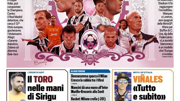 Prima Pagina, Tuttosport: “Fino alla fine. Juventus a un passo dalla leggenda. Il Toro nelle mani di Sirigu” Prima Pagina, Tuttosport: “Fino alla fine. Juventus a un passo dalla leggenda. Il Toro nelle mani di Sirigu”