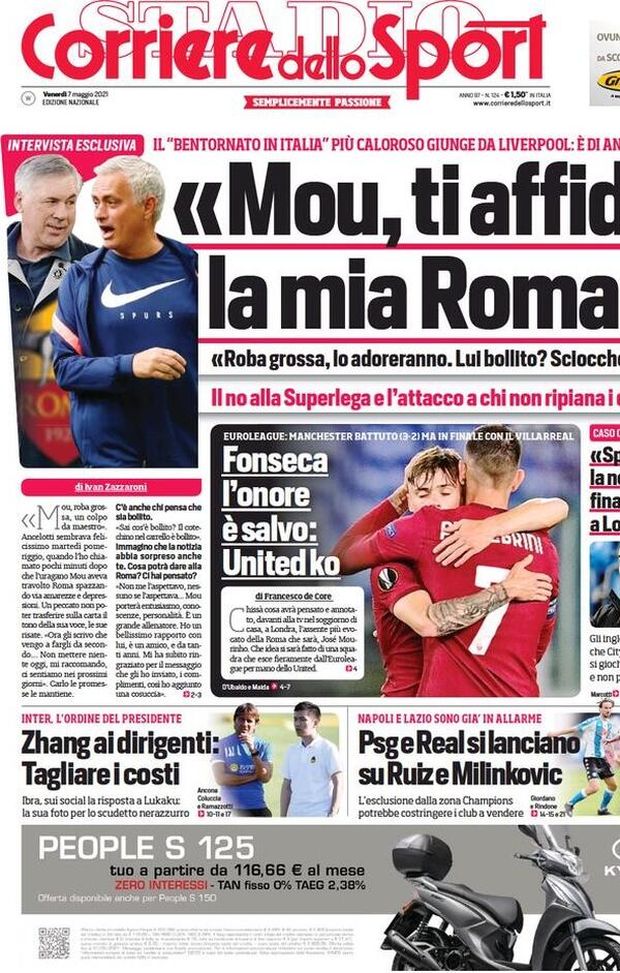 Prima Pagina, Corriere dello Sport: “Mou, ti affido la mia Roma. Fonseca l’onore è salvo” Prima Pagina, Corriere dello Sport: “Mou, ti affido la mia Roma. Fonseca l’onore è salvo”