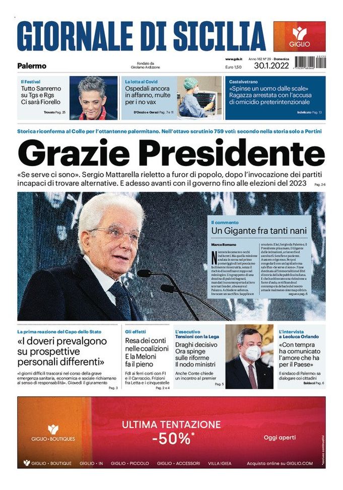 Prima Pagina, Giornale di Sicilia: “Grazie Presidente” - immagine 1