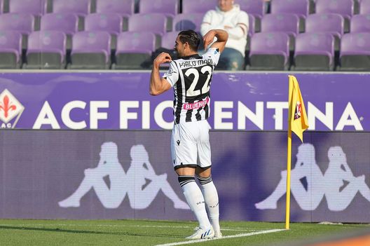 FLORENCE, ITALY - APRIL 27: Pablo Mari' of Udinese Calcio celebrates after scoring a goal during the Serie A match between ACF Fiorentina and Udinese Calcio at Stadio Artemio Franchi on April 27, 2022 in Florence, Italy. (Photo by Gabriele Maltinti/Getty Images)