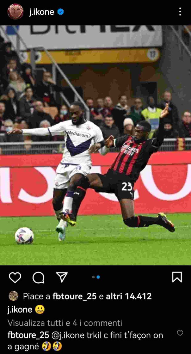 Milan-Fiorentina 2-1, Ikoné provoca sui social. Ballo-Touré replica così- immagine 2