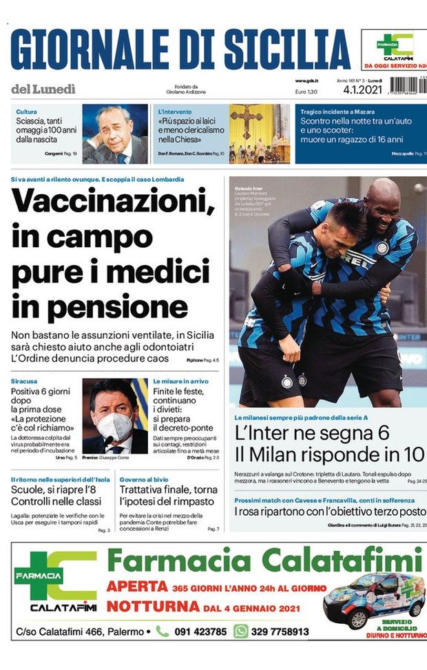 Prima Pagina, Giornale di Sicilia: &#8220;Vaccinazioni, in campo pure i medici in pensione&#8221; 