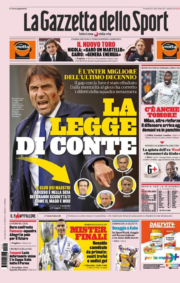 Prima Pagina, Gazzetta dello Sport: &#8220;Milan, a caccia di rinforzi. Inter e la legge di Conte&#8221; 