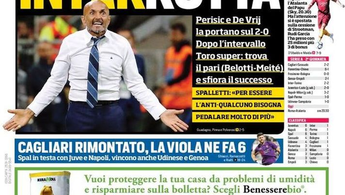 Prima Pagina, Corriere dello Sport: “Inter-rotta. La Roma saluta Kevin. Cagliari rimontato, la Viola ne fa 6…” 