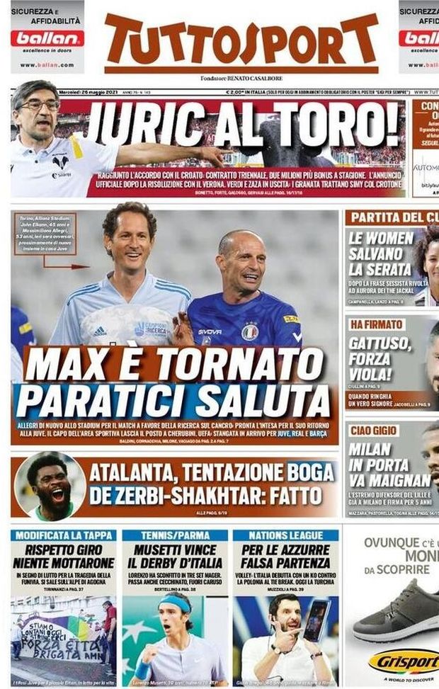 Prima Pagina, Tuttosport: &#8220;Juric al Toro! Max è tornato, Paratici saluta. Gattuso, forza viola!&#8221; 