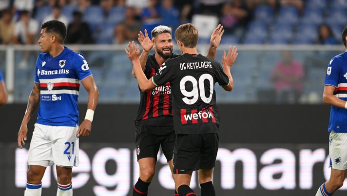 GENOA, ITALY - SEPTEMBER 10: Charles De Ketelaere of AC Milan celebrate with Olivier Giroud as the goal will be cancel by VAR decision during the Serie A match between UC Sampdoria and AC MIlan at Stadio Luigi Ferraris on September 10, 2022 in Genoa, Italy. (Photo by Claudio Villa/AC Milan via Getty Images) MILAN NEWS | A Marassi vittoria con brivido: la prima lontano da San Siro- immagine 1
