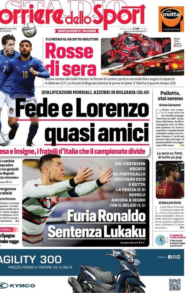  Il Corriere dello Sport, la prima pagina di oggi, domenica 28 marzo 2021 