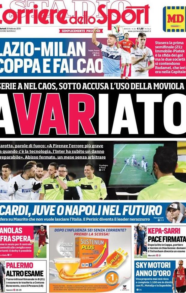 Prima Pagina, Corriere dello Sport: “AVARiato. Palermo, altro esame. Lazio-Milan, Coppa e Falcao. Icardi, Juve o Napoli…” Prima Pagina, Corriere dello Sport: “AVARiato. Palermo, altro esame. Lazio-Milan, Coppa e Falcao. Icardi, Juve o Napoli…”