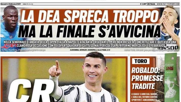 Tuttosport, la prima pagina di oggi, giovedì 4 febbraio 2021 