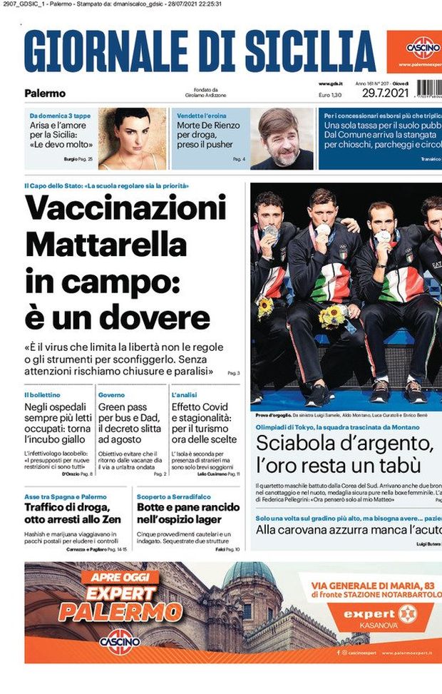 Prima Pagina, Giornale di Sicilia: “Vaccinazioni, Mattarella in campo: è un dovere” 