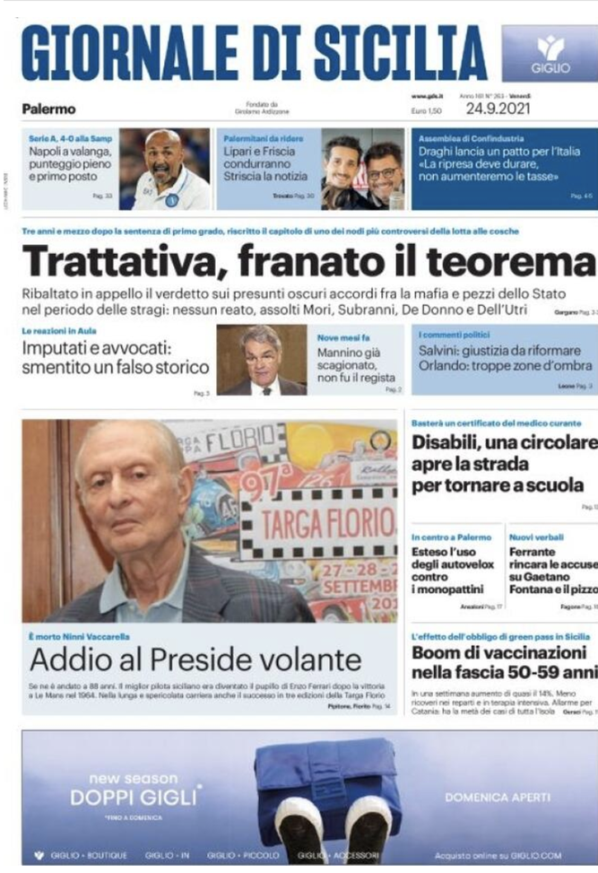 Prima Pagina, Giornale di Sicilia: “Addio a Ninni Vacarella. Draghi, patto Italia” Prima Pagina, Giornale di Sicilia: “Addio a Ninni Vacarella. Draghi, patto Italia”
