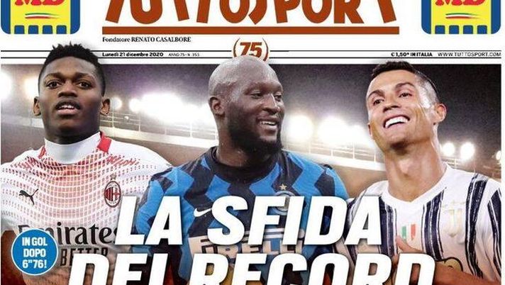 Tuttosport, la prima pagina di oggi, lunedì 21 dicembre 2020 