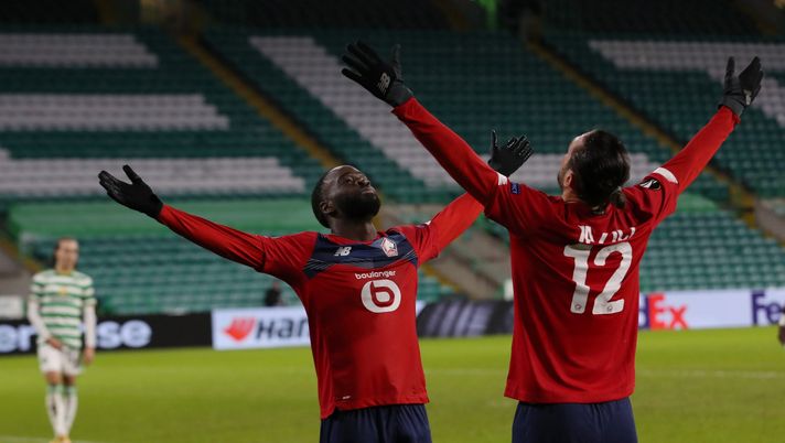 GLASGOW, SCOTLAND - DECEMBER 10: Jonathan Ikone of Lille celebrates after scoring their team's first goal Yusuf Yazici of Lille during the UEFA Europa League Group H stage match between Celtic and LOSC Lille at Celtic Park on December 10, 2020 in Glasgow, Scotland. The match will be played without fans, behind closed doors as a Covid-19 precaution. (Photo by Ian MacNicol/Getty Images) GLASGOW, SCOTLAND - DECEMBER 10: Jonathan Ikone of Lille celebrates after scoring their team's first goal Yusuf Yazici of Lille during the UEFA Europa League Group H stage match between Celtic and LOSC Lille at Celtic Park on December 10, 2020 in Glasgow, Scotland. The match will be played without fans, behind closed doors as a Covid-19 precaution. (Photo by Ian MacNicol/Getty Images)