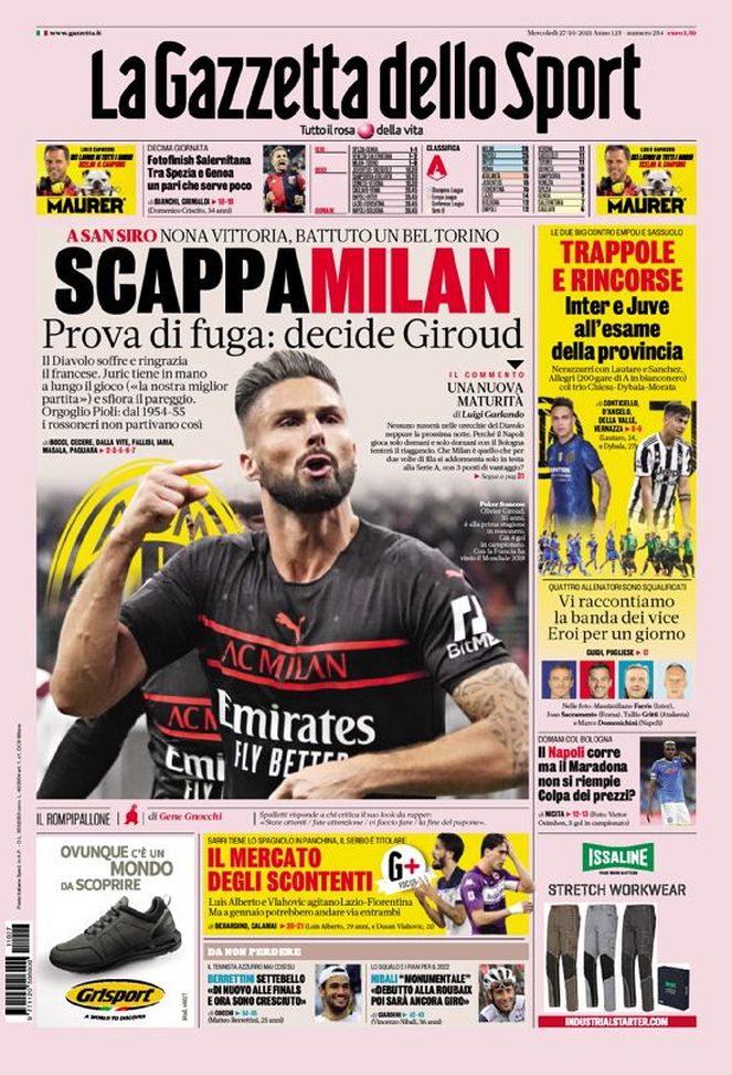 Prima Pagina, La Gazzetta dello Sport: “Scappa Milan. Prova di fuga, decide Giroud” Prima Pagina, La Gazzetta dello Sport: “Scappa Milan. Prova di fuga, decide Giroud” - immagine 1