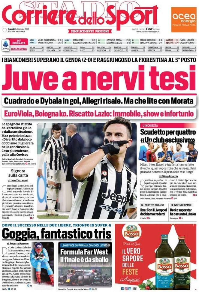Prima Pagina, Corriere dello Sport: ““Juve e nervi tesi. Euroviola, Bologna ko”  Prima Pagina, Corriere dello Sport: ““Juve e nervi tesi. Euroviola, Bologna ko” - immagine 1