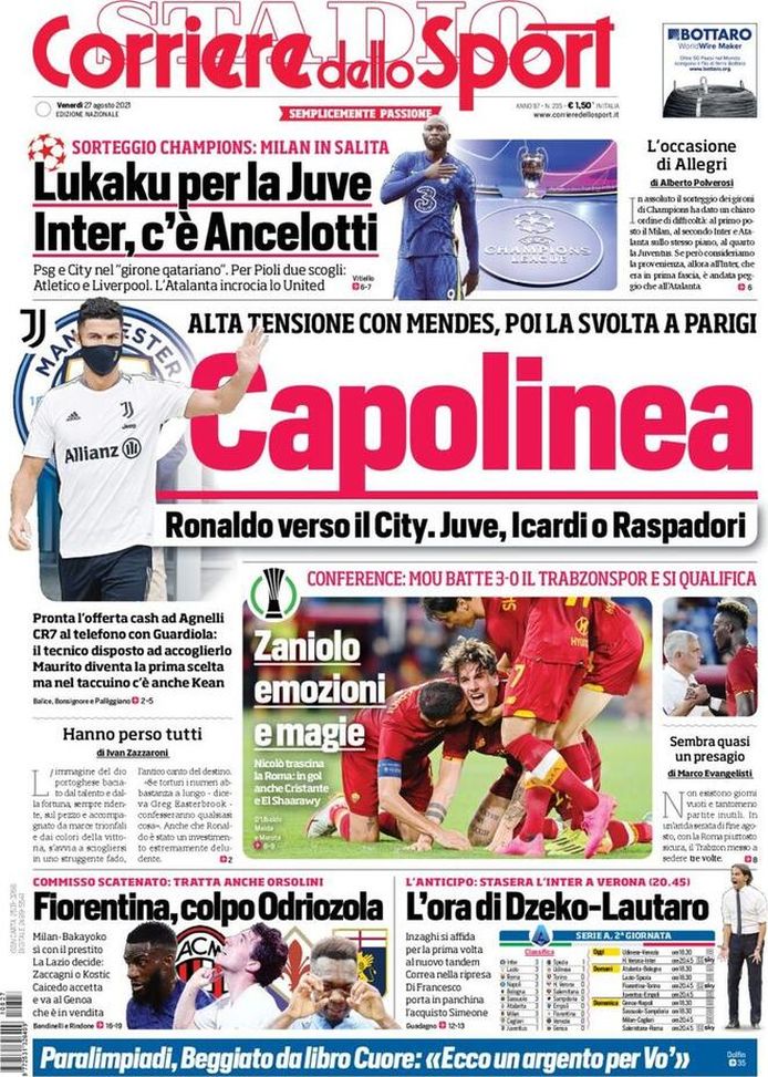 EDICOLA CDS – Inter, l’ora di Lautaro-Dzeko. Capolinea Ronaldo. Juve, Icardi o Raspadori 