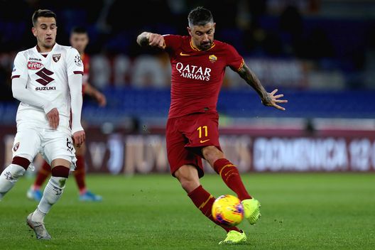  ROME, ITALY - JANUARY 05: Aleksandar Kolarov of AS Roma kicks the ball during the Serie A match between AS Roma and Torino FC at Stadio Olimpico on January 5, 2020 in Rome, Italy. (Photo by Paolo Bruno/Getty Images) 