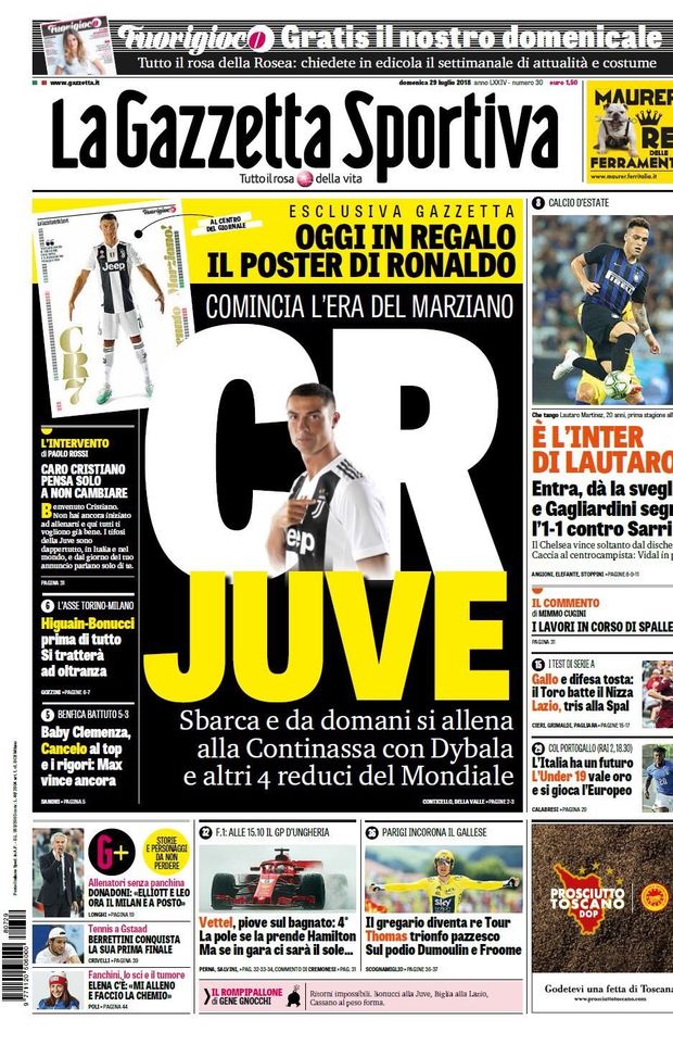 Prima Pagina, Gazzetta dello Sport: “CR7-Juve, inizia l’era del marziano! È l’Inter di Lautaro, Bonucci-Higuain…” Prima Pagina, Gazzetta dello Sport: “CR7-Juve, inizia l’era del marziano! È l’Inter di Lautaro, Bonucci-Higuain…”