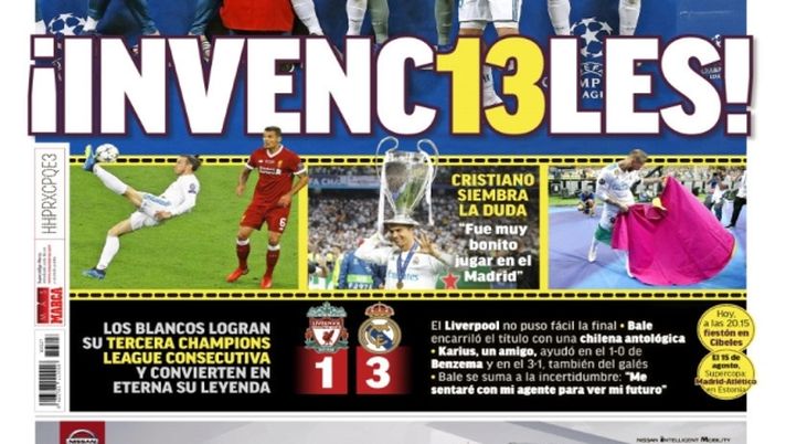 Prima Pagina, Marca: “Invinc13ili. Bale, rovesciata da antologia. Un Karius amico aiuta il Real Madrid. Ronaldo: dubbi sul futuro…” 