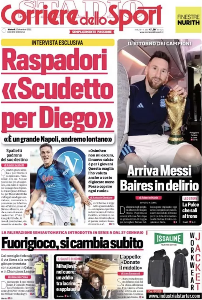 EDICOLA CDS – Raspadori: “Scudetto per Diego”. Fuorigioco, si cambia subito - immagine 1
