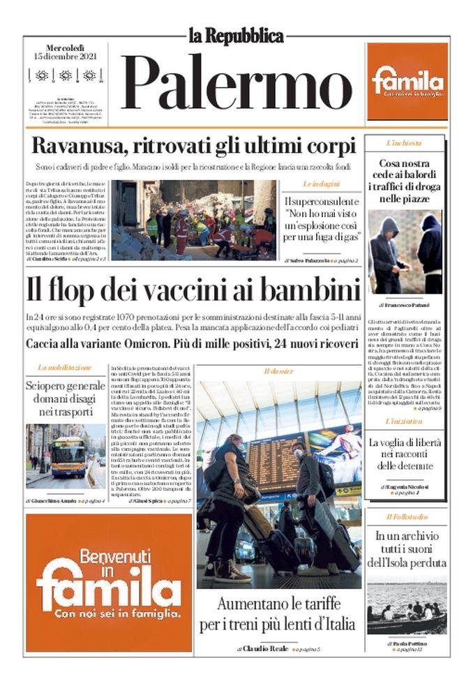 Prima Pagina, La Repubblica-Palermo: “Il flop dei vaccini ai bambini”  Prima Pagina