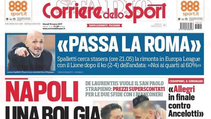 Prima Pagina, Corriere dello Sport: “Napoli, una bolgia per la Juventus. Ibra, tentazione azzurra” 
