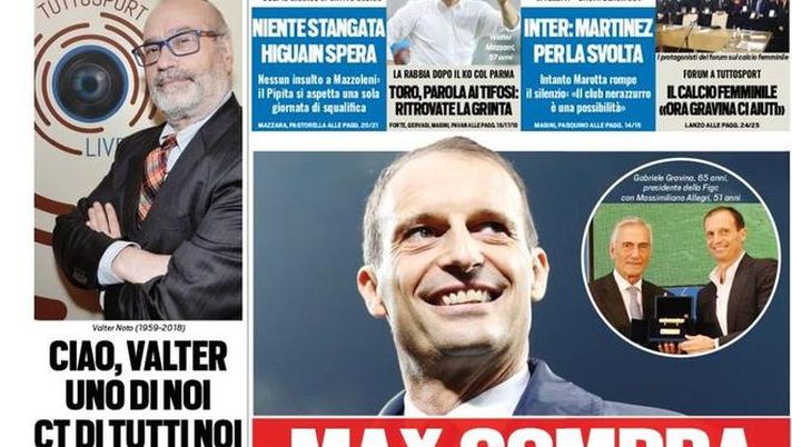 Prima Pagina, Tuttosport: “Max compra italiano. Higuain spera. Inter, Martinez per la svolta…”  Prima Pagina, Tuttosport: “Max compra italiano. Higuain spera. Inter, Martinez per la svolta…”