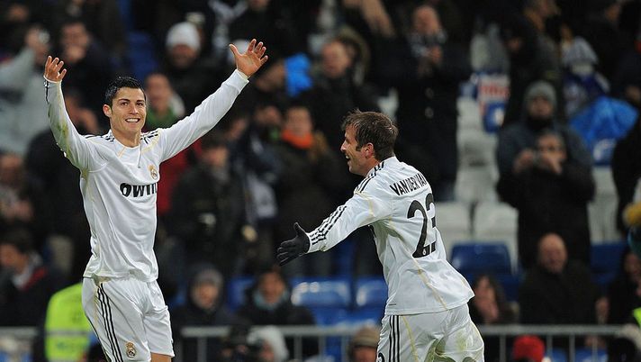 MADRID, SPAIN - DECEMBER 19: Cristiano Ronaldo (L) of Real Madrid celebrates with fellow goalscorer Rafael Van Der Vaart after scoring the 5:0 goal during the La Liga match between Real Madrid and Real Zaragoza at the Santiago Bernabeu stadium on December 19, 2009 in Madrid, Spain. (Photo by Denis Doyle/Getty Images) MADRID, SPAIN - DECEMBER 19: Cristiano Ronaldo (L) of Real Madrid celebrates with fellow goalscorer Rafael Van Der Vaart after scoring the 5:0 goal during the La Liga match between Real Madrid and Real Zaragoza at the Santiago Bernabeu stadium on December 19, 2009 in Madrid, Spain. (Photo by Denis Doyle/Getty Images)