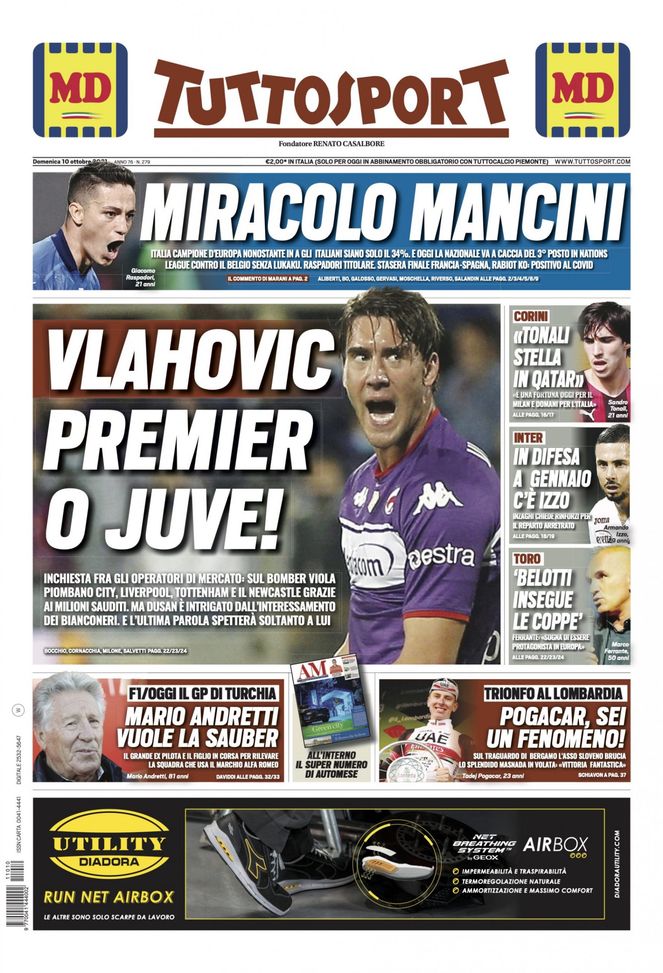 Prima Pagina, Tuttosport: “Vlahovic, Premier o Juve! Miracolo Mancini” - immagine 1