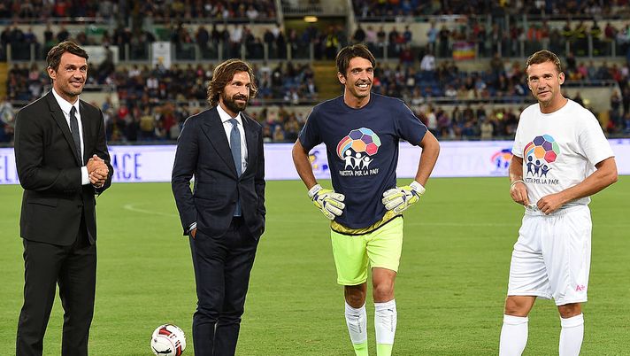 ROME, ITALY - SEPTEMBER 01: Paolo Maldini, Andrea Pirlo, Gianluigi Buffon and Andrey Shevchenko before Interreligious Match for Peace at Olimpico Stadium on September 1, 2014 in Rome, Italy. (Photo by Giuseppe Bellini/Getty Images) ROME, ITALY - SEPTEMBER 01: Paolo Maldini, Andrea Pirlo, Gianluigi Buffon and Andrey Shevchenko before Interreligious Match for Peace at Olimpico Stadium on September 1, 2014 in Rome, Italy. (Photo by Giuseppe Bellini/Getty Images)