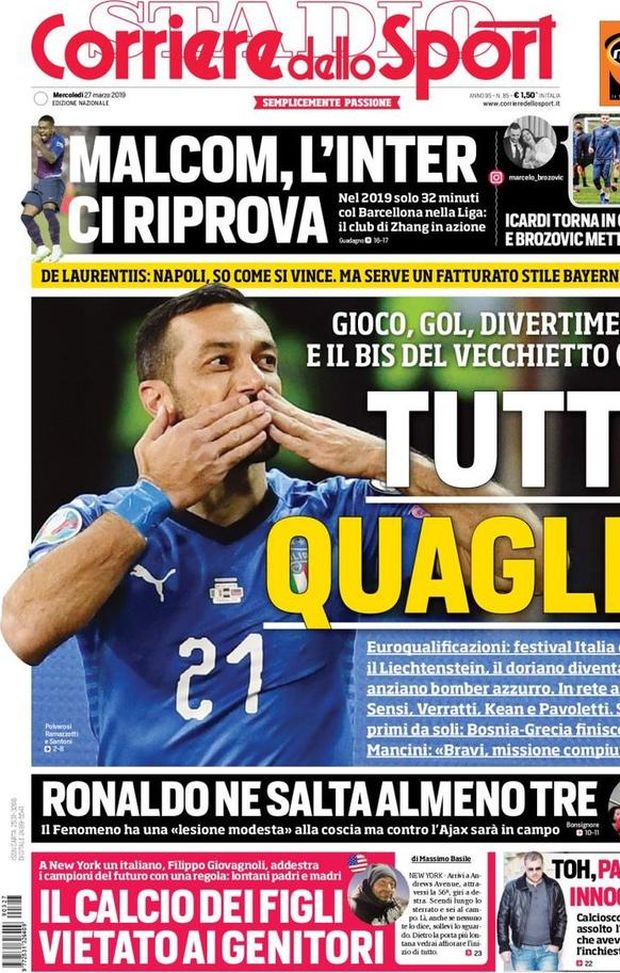 Prima Pagina, Corriere dello Sport: “Tutto Quaglia. Malcom, l’Inter ci riprova. Ronaldo ne salta tre” Prima Pagina, Corriere dello Sport: “Tutto Quaglia. Malcom, l’Inter ci riprova. Ronaldo ne salta tre”