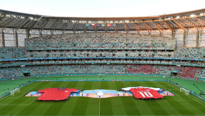 BAKU, AZERBAIJAN - JULY 03: Large replica shirts of Czech Republic and Denmark with Christian Eriksen, Number Ten are displayed on the pitch prior to the UEFA Euro 2020 Championship Quarter-final match between Czech Republic and Denmark at Baku Olimpiya Stadionu on July 03, 2021 in Baku, Azerbaijan. (Photo by Dan Mullan/Getty Images) BAKU, AZERBAIJAN - JULY 03: Large replica shirts of Czech Republic and Denmark with Christian Eriksen, Number Ten are displayed on the pitch prior to the UEFA Euro 2020 Championship Quarter-final match between Czech Republic and Denmark at Baku Olimpiya Stadionu on July 03, 2021 in Baku, Azerbaijan. (Photo by Dan Mullan/Getty Images)