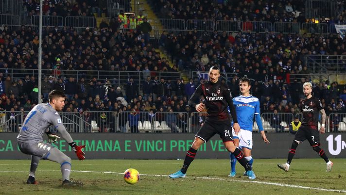 BRESCIA, ITALY - JANUARY 24: Zlatan Ibrahimovic (C) of AC Milan shoots and misses a chance on goal during the Serie A match between Brescia Calcio and AC Milan at Stadio Mario Rigamonti on January 24, 2020 in Brescia, Italy. (Photo by Marco Luzzani/Getty Images) BRESCIA, ITALY - JANUARY 24: Zlatan Ibrahimovic (C) of AC Milan shoots and misses a chance on goal during the Serie A match between Brescia Calcio and AC Milan at Stadio Mario Rigamonti on January 24, 2020 in Brescia, Italy. (Photo by Marco Luzzani/Getty Images)
