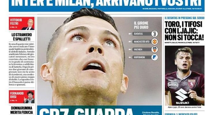 Prima Pagina, Tuttosport: “CR7, guarda che Champions. Inter e Milan, arrivano i vostri. I tifosi con Ljajic…” 