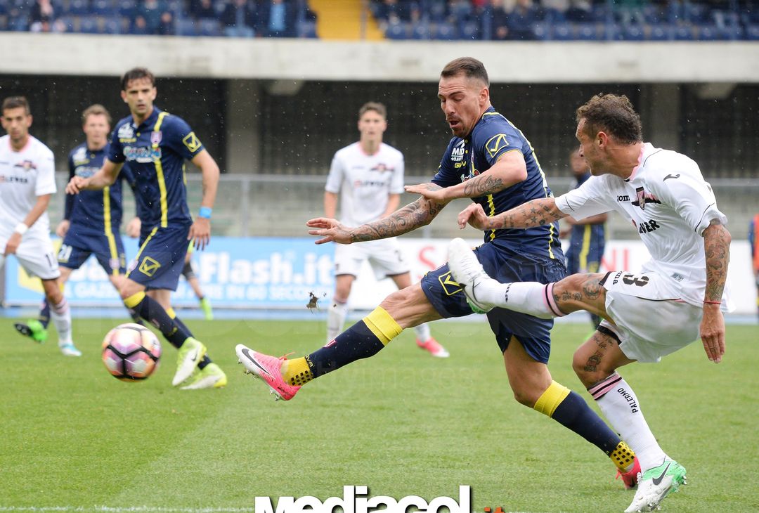  VERONA, ITALY - MAY 07:  Fabrizio Cacciatore (L) of AC ChievoVerona competes with Alessandro Diamanti of US Citta di Palermo during the Serie A match between AC ChievoVerona and US Citta di Palermo at Stadio Marc'Antonio Bentegodi on May 7, 2017 in Verona, Italy.  (Photo by Dino Panato/Getty Images) 