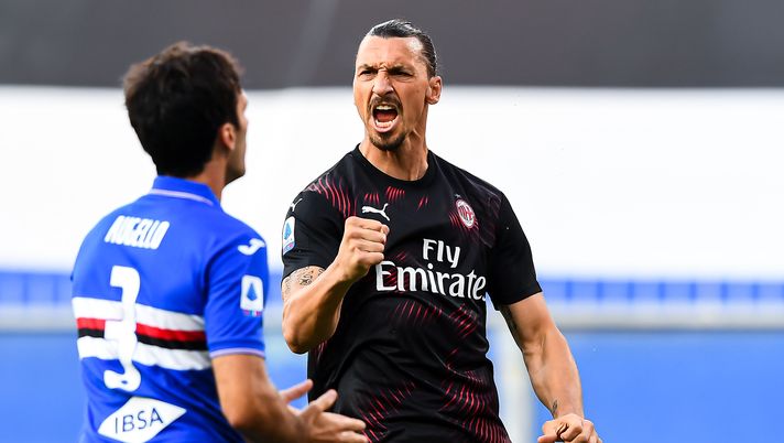 GENOA, ITALY - JULY 29: Zlatan Ibrahimovic of Milan celebrates after scoring a goal during the Serie A match between UC Sampdoria and AC Milan at Stadio Luigi Ferraris on July 29, 2020 in Genoa, Italy. (Photo by Paolo Rattini/Getty Images) 