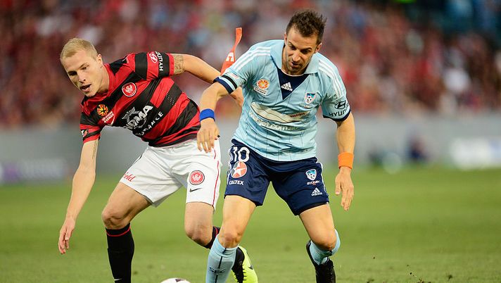 SYDNEY, AUSTRALIA - JANUARY 11: Alessandro Del Piero of Sydney is tackled by Aaron Mooy of the Wanderers during the round 14 A-League match between the Western Sydney Wanderers and Sydney FC at Parramatta Stadium on January 11, 2014 in Sydney, Australia.  (Photo by Brett Hemmings/Getty Images) 